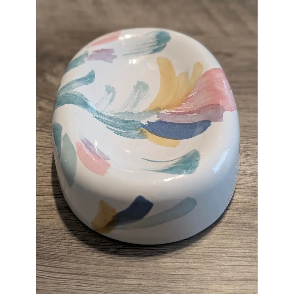 Vintage Ceramic Soap Dish Riviera Hand Painted USA White Abstract Floral Pastel